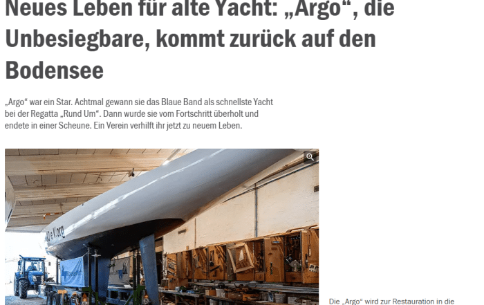 Südkurier Artikel Screenshot: Neues Leben für alte Yacht: „Argo“, die Unbesiegbare, kommt zurück auf den Bodensee