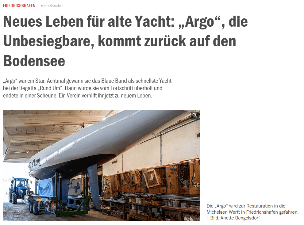 Südkurier Artikel Screenshot: Neues Leben für alte Yacht: „Argo“, die Unbesiegbare, kommt zurück auf den Bodensee
